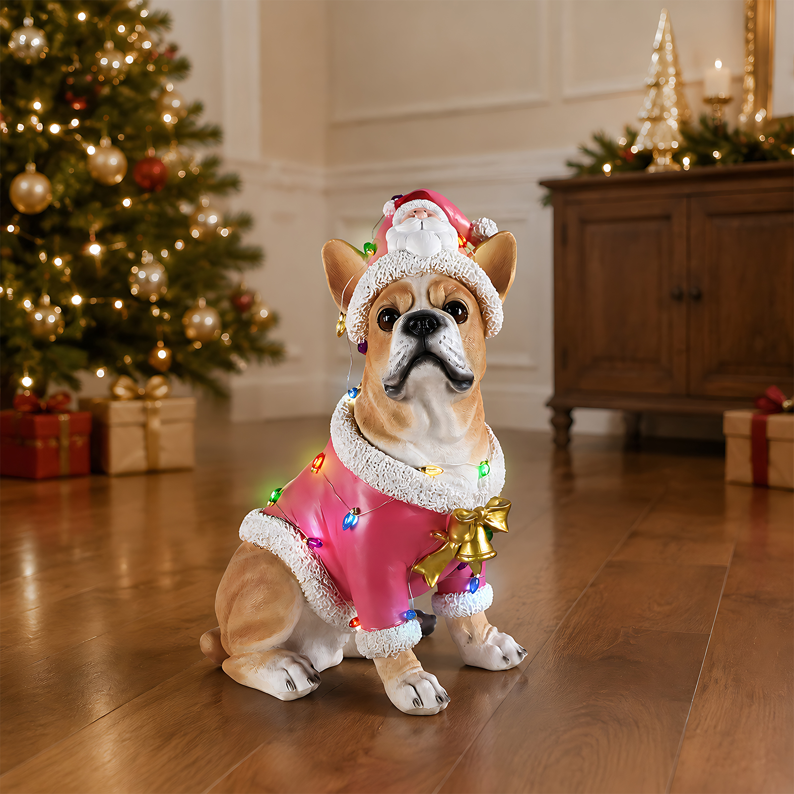 Christmas French Bulldog Statue,Holiday Dog Figurine in Pink Santa Outfit image 12