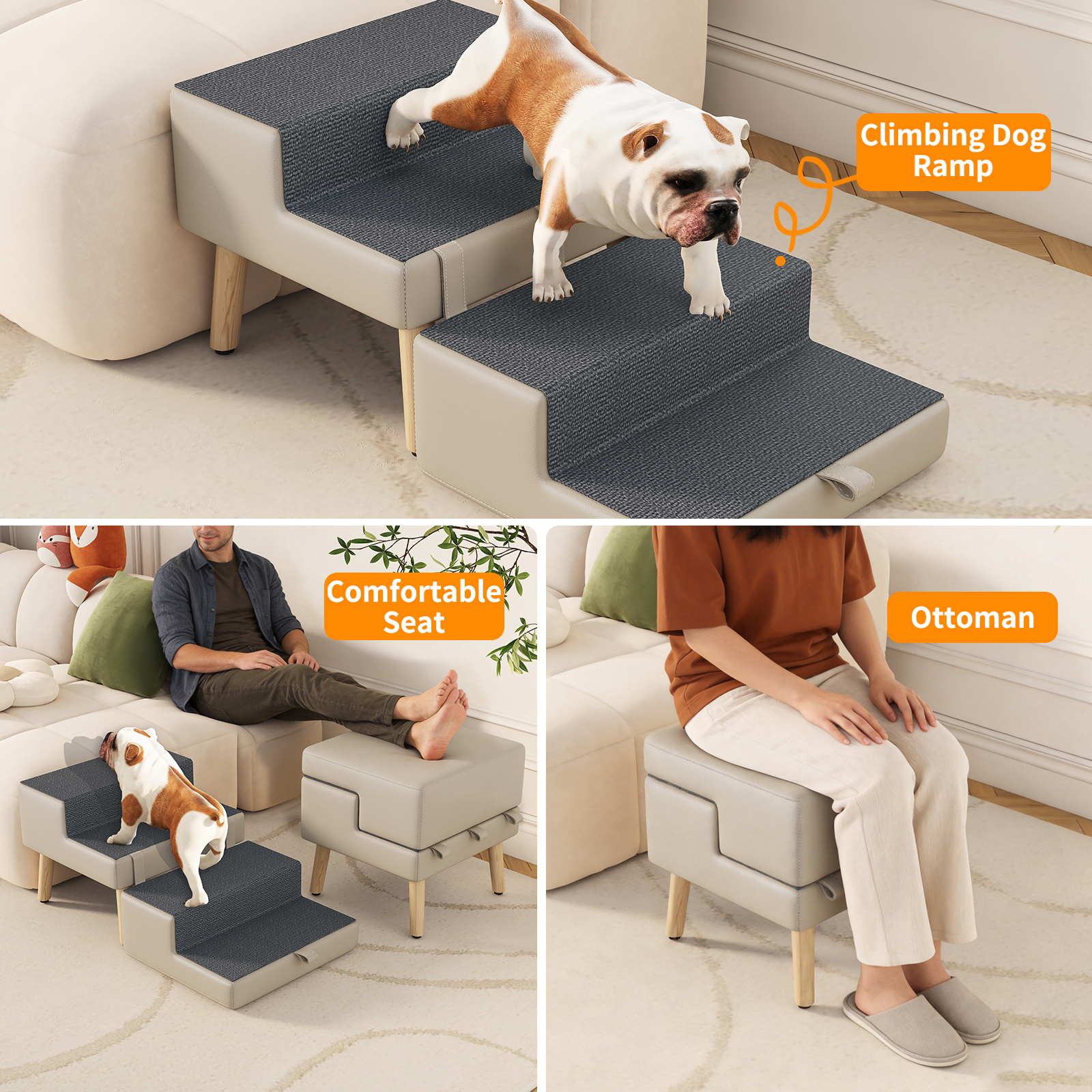 4-Step Ottoman Dog Stairs, 2-in-1 Foldable Pet Ramp for Bed,  Dog Ramp for Small Puppy and Cats, Sturdy Wood Frame Support with Non-slip walking surface, Holds Up To 220lbs ( Light Grey Color ) image 7